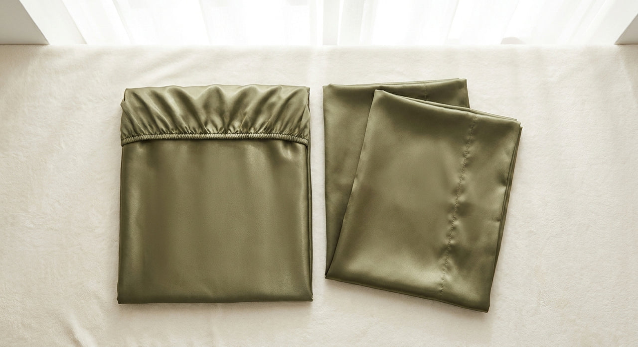 Parure de lit 3 pièces en satin glossy vert militaire - StudioSoie