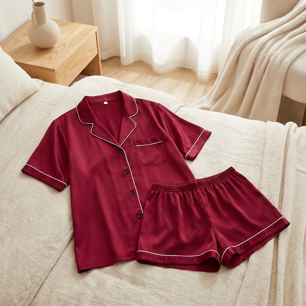 Pyjama en Soie de Mûrier 100% – Top Manches Courtes & Short, Femme - StudioSoie - 