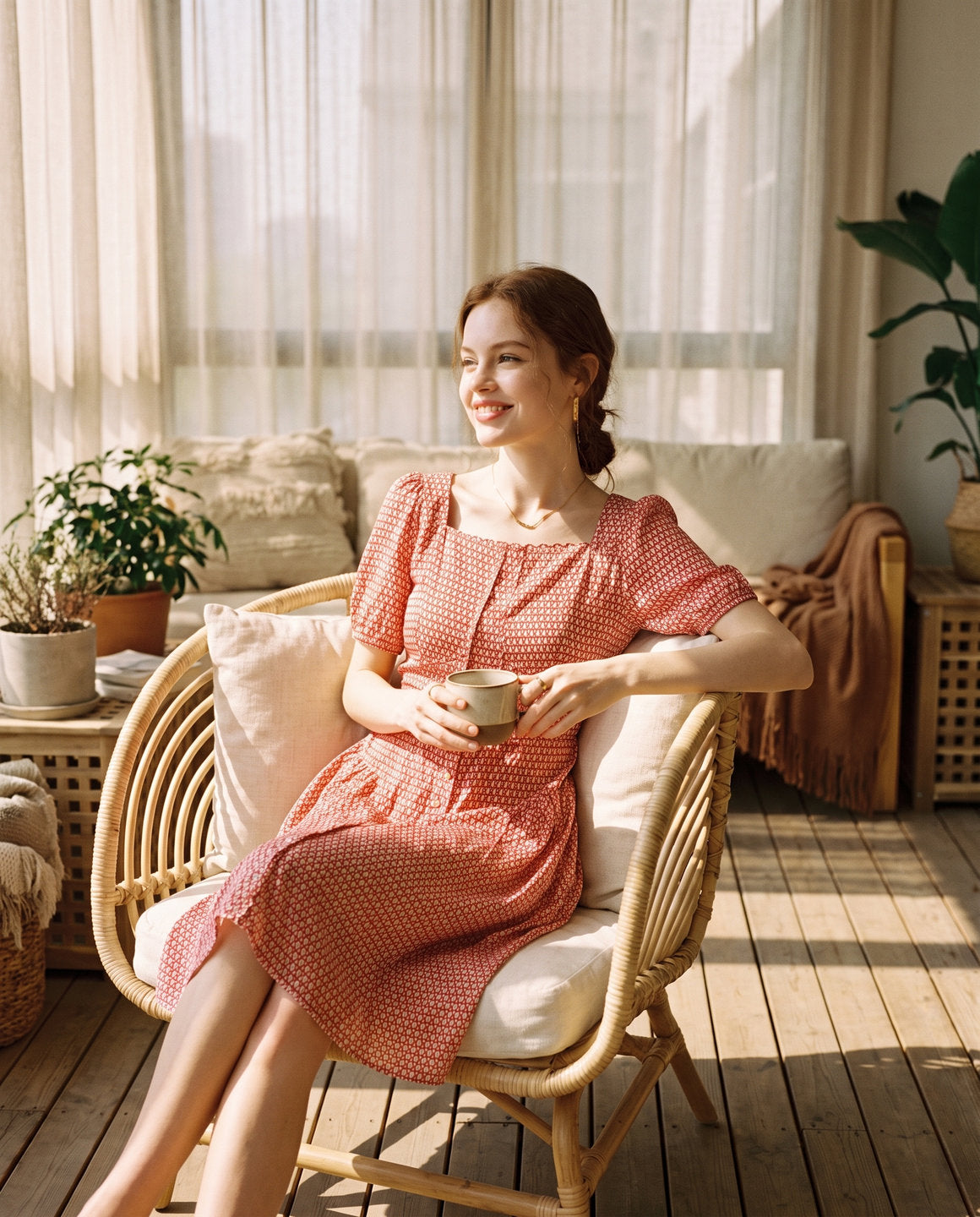 Robe courte en soie de mûrier à col carré – scène de vie – StudioSoie