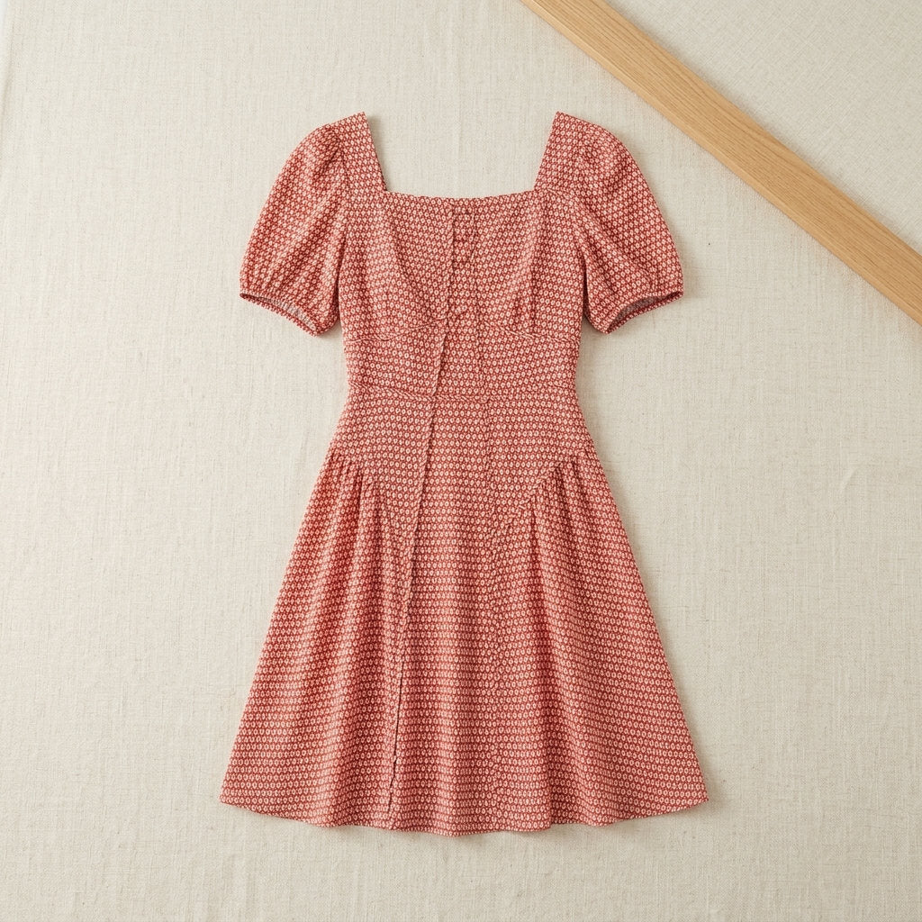 Robe courte en soie de mûrier à col carré – coloris Micro-Imprimé Corail – StudioSoie