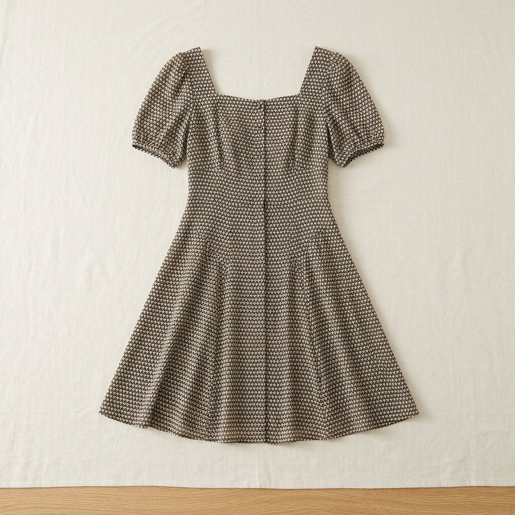 Robe courte en soie de mûrier à col carré – coloris Micro-Imprimé Noir – StudioSoie