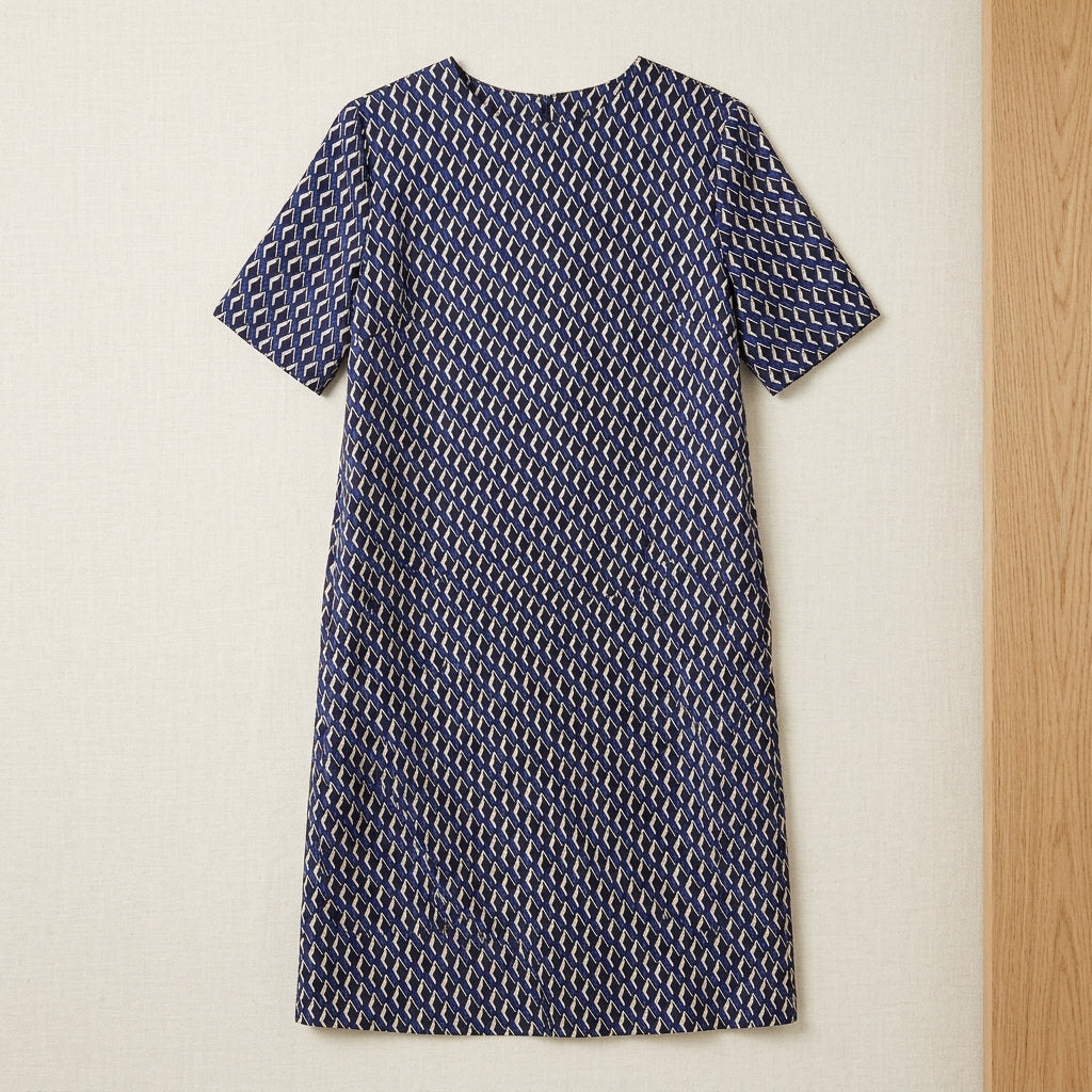 Robe droite en sergé de soie de mûrier – coloris Losanges Marine – StudioSoie