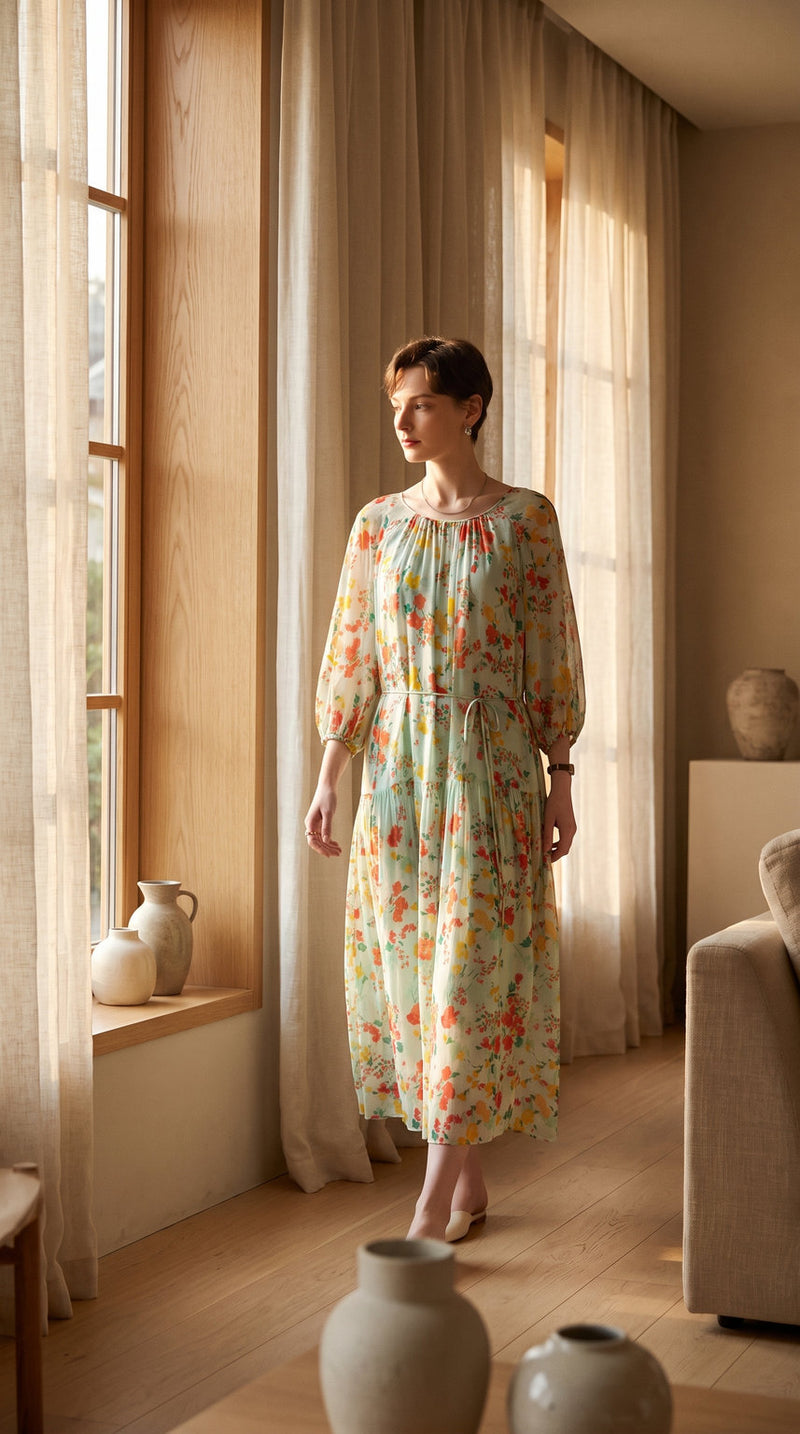 Robe longue en georgette de soie imprimée – visuel 2 – StudioSoie
