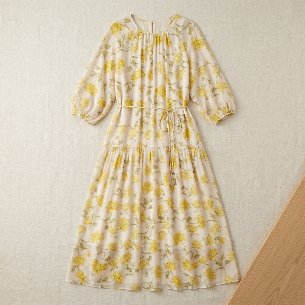 Robe longue en georgette de soie imprimée – coloris Fleurs Jaunes – StudioSoie