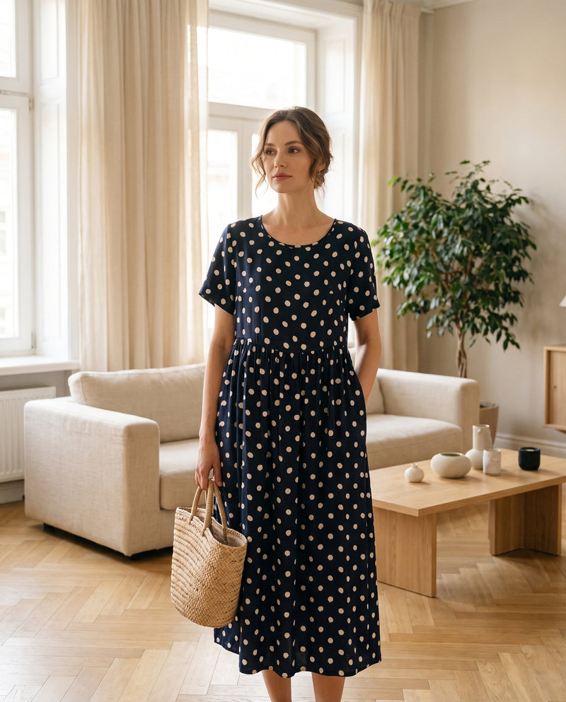 Robe Longue en Soie de Mûrier 95% - Manches Courtes à Pois Femme