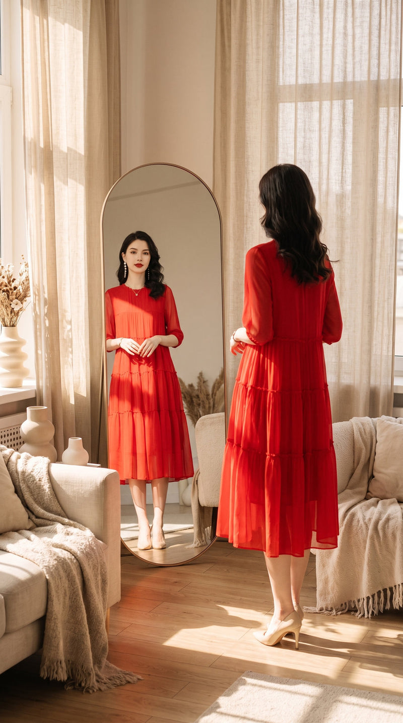 Robe longue en georgette de soie à volants – visuel 1 – StudioSoie