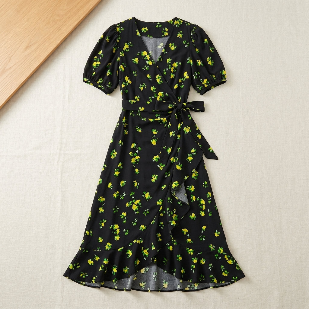Robe portefeuille en crêpe de soie de mûrier – coloris Fleurs sur Noir – StudioSoie