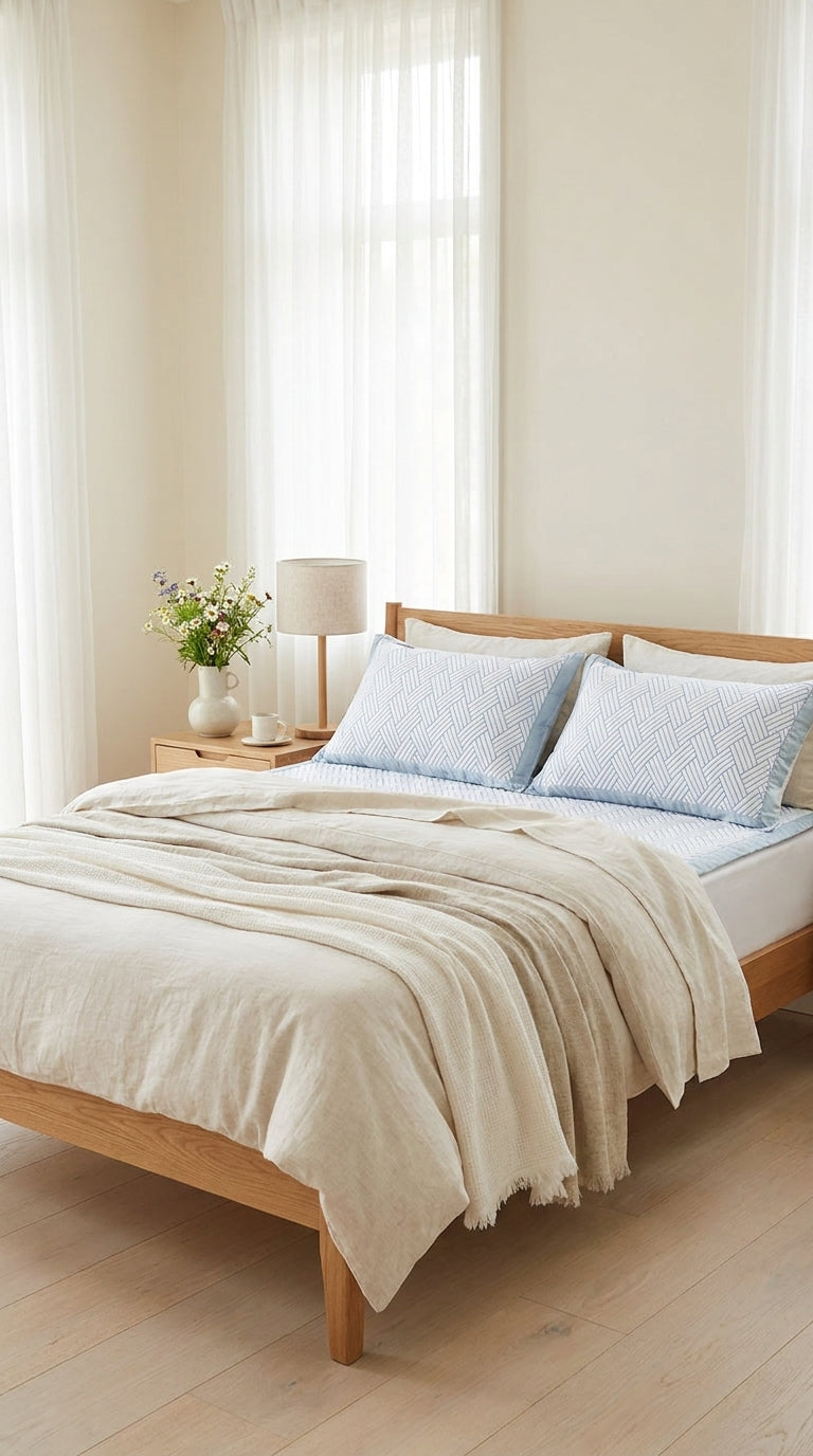 Surmatelas et taies disposés sur le lit, lumière d'été