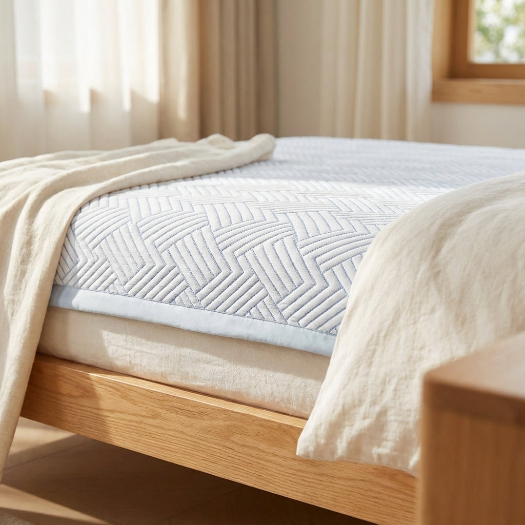 Détail du tissage chevron respirant du surmatelas - StudioSoie