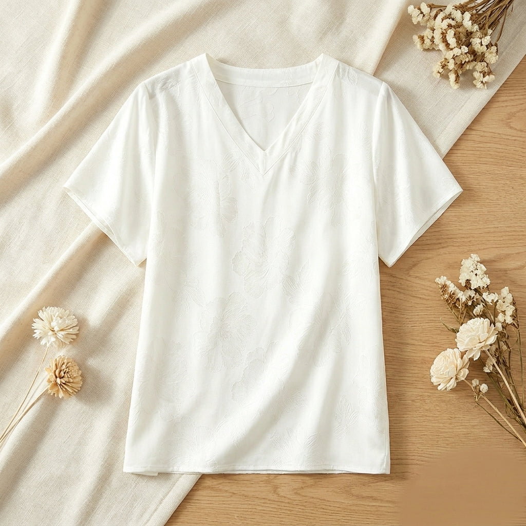 T-Shirt Col V en Soie de Mûrier - Haut Manches Courtes Crêpe Jacquard Femme 100% Soie Naturelle - StudioSoie