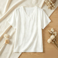T-Shirt Col V en Soie de Mûrier - Haut Manches Courtes Crêpe Jacquard Femme 100% Soie Naturelle - StudioSoie