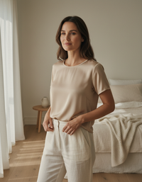 قميص تي شيرت من حرير التوت 100% - ياقة دائرية وأكمام قصيرة