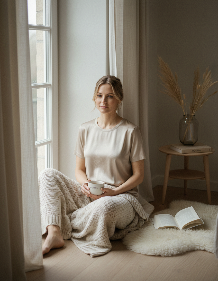 قميص تي شيرت من حرير التوت 100% - ياقة دائرية وأكمام قصيرة