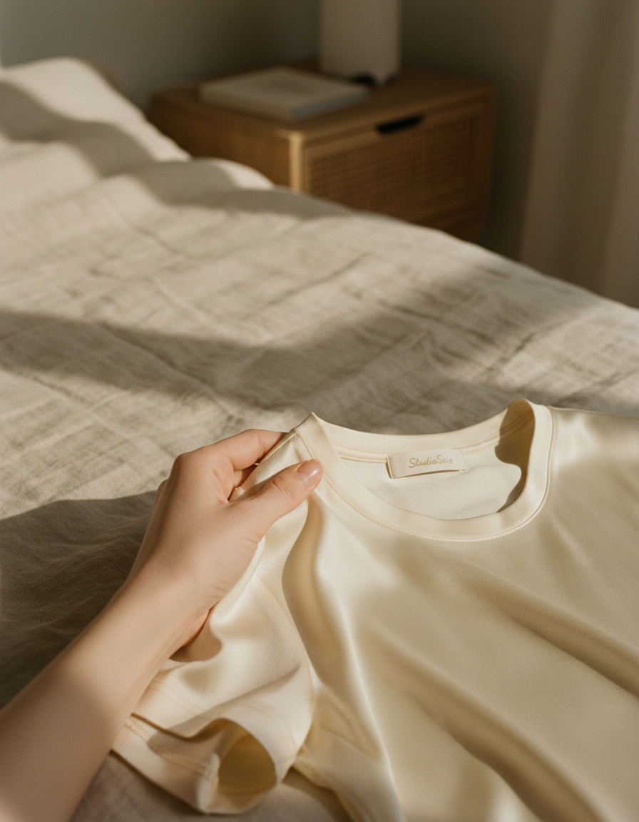 قميص تي شيرت من حرير التوت 100% - ياقة دائرية وأكمام قصيرة