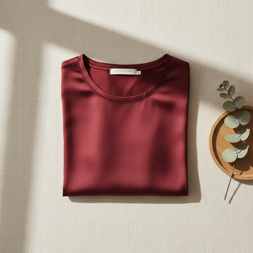 قميص تي شيرت من حرير التوت 100% - ياقة دائرية وأكمام قصيرة