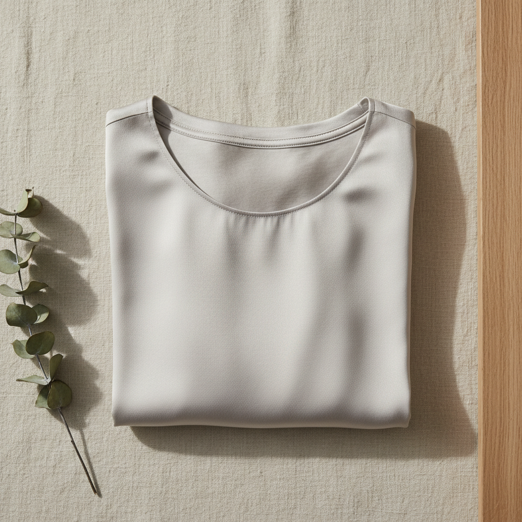 قميص تي شيرت من حرير التوت 100% - ياقة دائرية وأكمام قصيرة