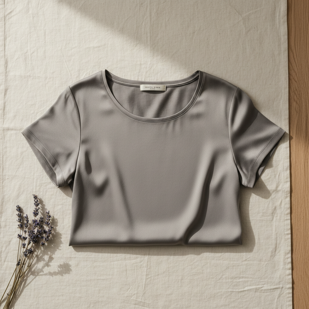 قميص تي شيرت من حرير التوت 100% - ياقة دائرية وأكمام قصيرة