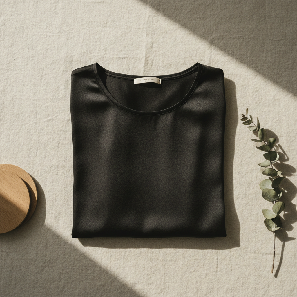 قميص تي شيرت من حرير التوت 100% - ياقة دائرية وأكمام قصيرة